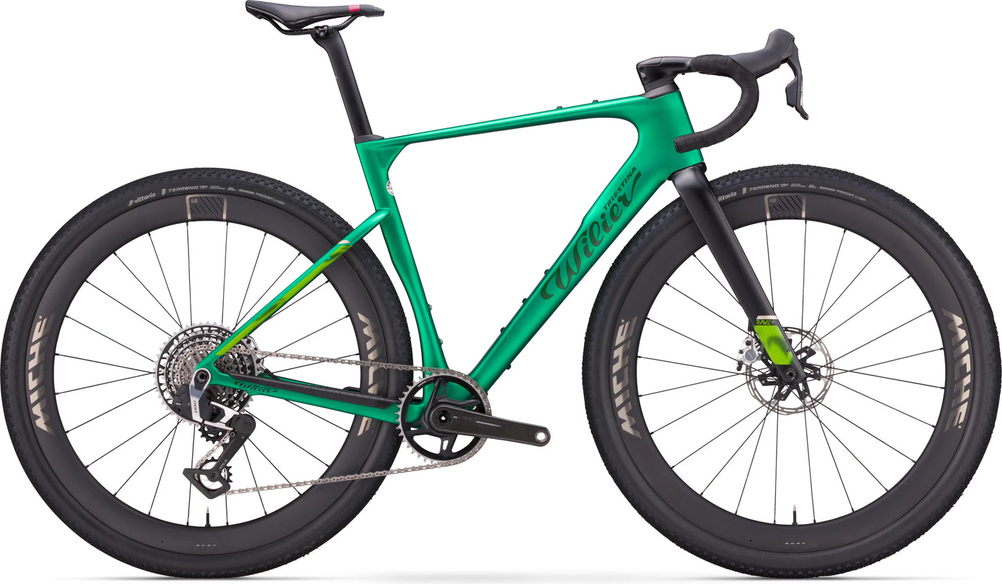 Rave SLR ID2   E628T3G (with carbon F BAR)      V10 Pixel Green Matt 	SRAM RED XPLR AXS E1 1x13S	MICHE AERO GRAFF CARBON 48 mm  2026